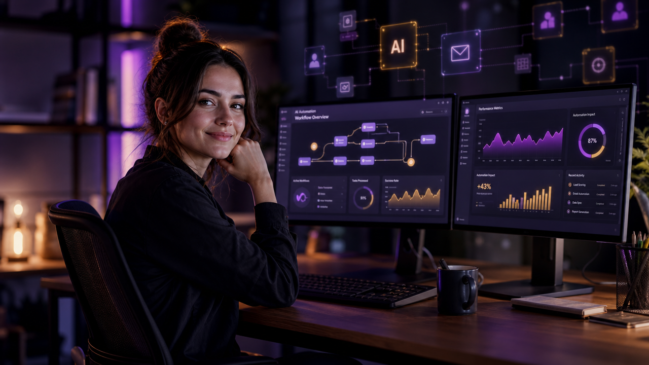 Business owner working with AI automation dashboards